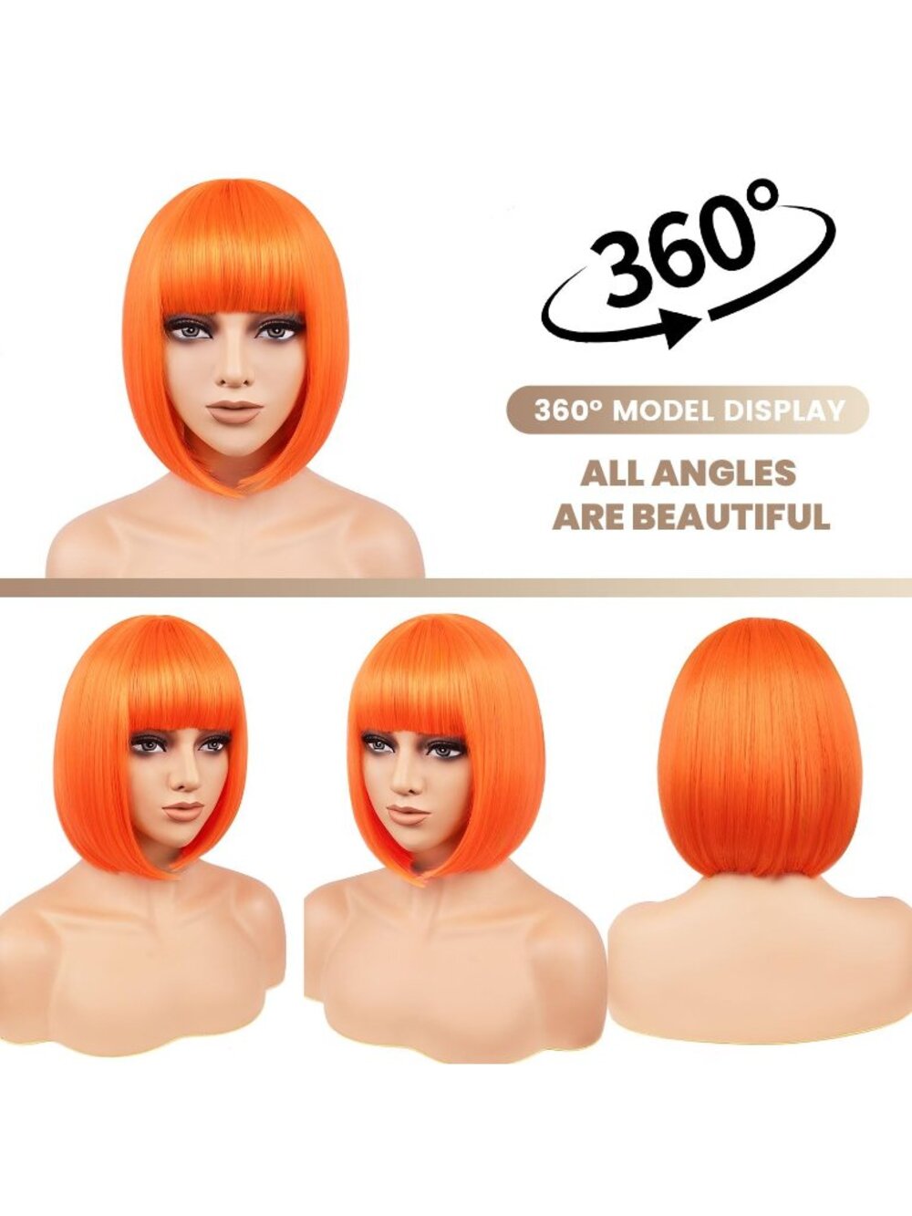 Women Orange Heat Resistant Synthetic Bob Party Neon Wig Bangs 12 Inch - Picture 6 of 7